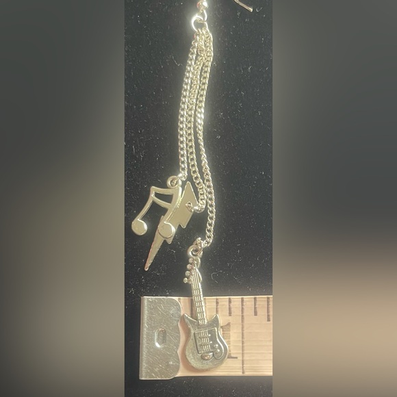Silver Toned Music Note Lightening Guitar Chain Earrings - Picture 3 of 3